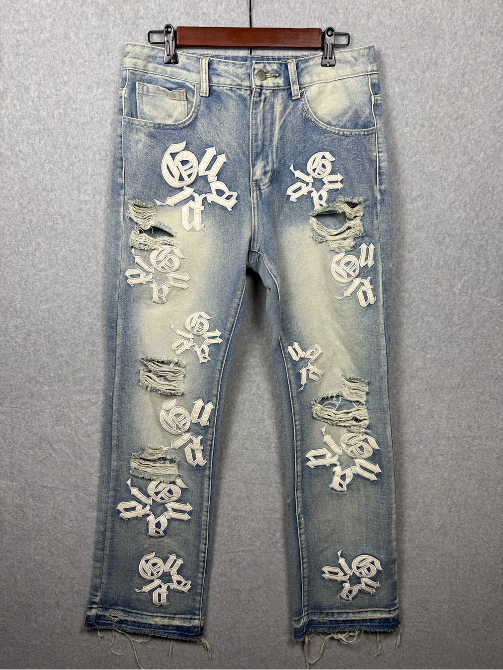 Y2K Gothic Distressed Jeans Light Wash Applique Streetwear Medium
